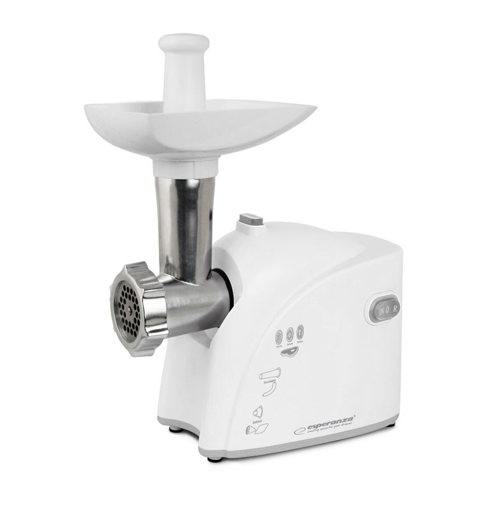 A white electric meat grinder is shown against a white background.