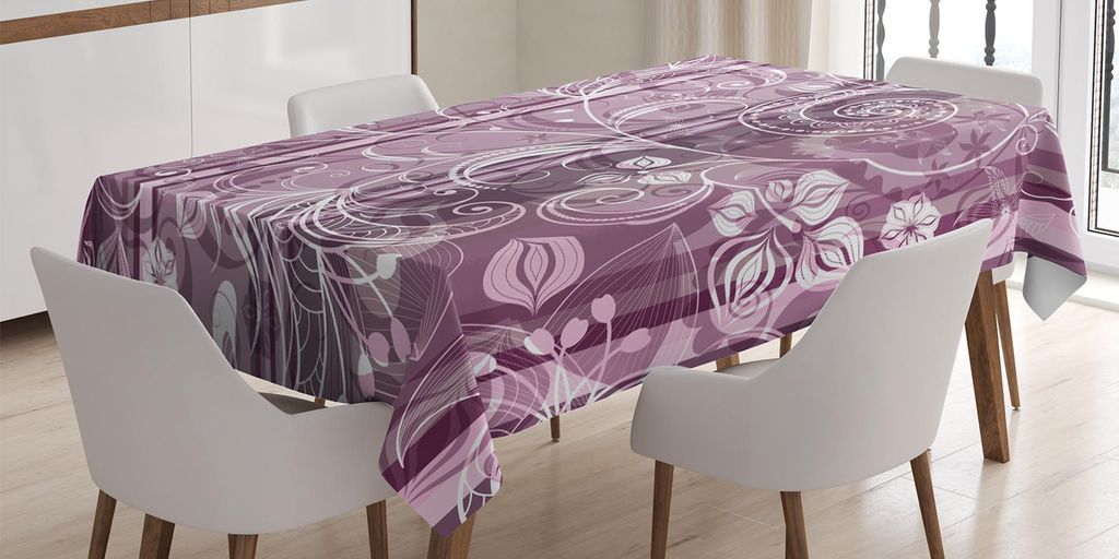 ABAKUHAUS Grunge Tischdecke, Blumen Und Blätter Mit Gebogenen Stielen Verzierten Art Grafik Auf Gestreiftem Druck, 140 x 170 cm, Lila