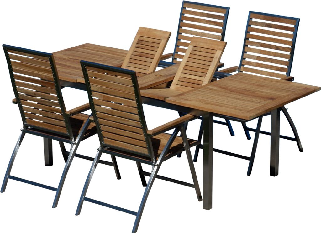 ALEOS. Gartengarnitur Edelstahl Teak Set: Ausziehtisch 160 auf 220 cm + 4 Teak-Edelstahl Hochlehner, Sitzgruppe A-Grade Teak Holz - Gartenmöbel Se...