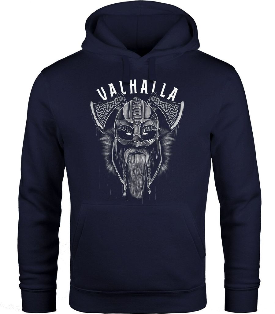 Hoodie Herren Aufdruck Valhalla Wikinger Helm Viking Odin Krieger Kapuzen-Pullover Männer Fashion Streetstyle Neverless navy 4XL