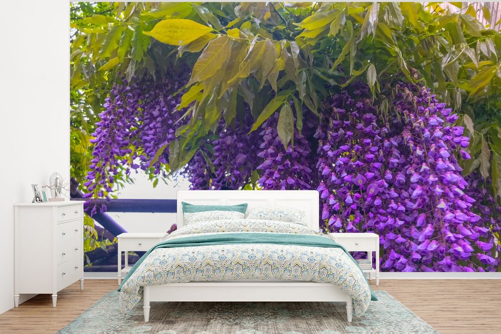 MuchoWow Fototapete für Wohnzimmer oder Schlafzimmer Wandtapete Vinyl Motivtapete Nahaufnahme einer Glyzinie - 320x240 cm - Tapeten