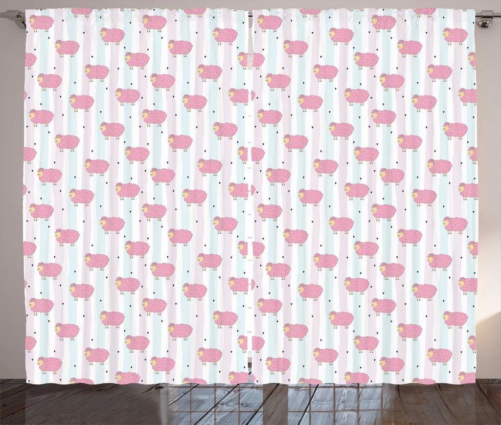 Rideau à Fronces pour Chambre d'Enfant Motif Moutons Rose et Bleu