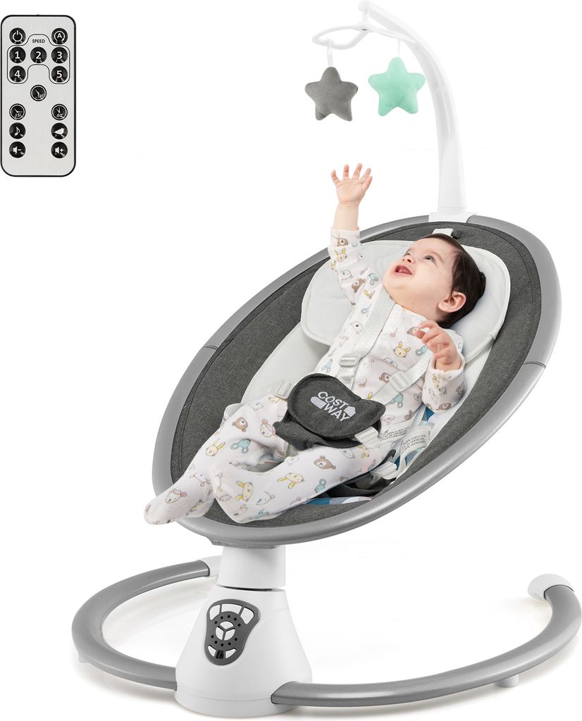 GOPLUS Elektrische Babywippe, Babyschaukel mit 5 Schwingungsamplituden, 3 Timer, Musik & Fernbedienung, Babyliege mit Spielzeug, Sicherheitsgurt & ...