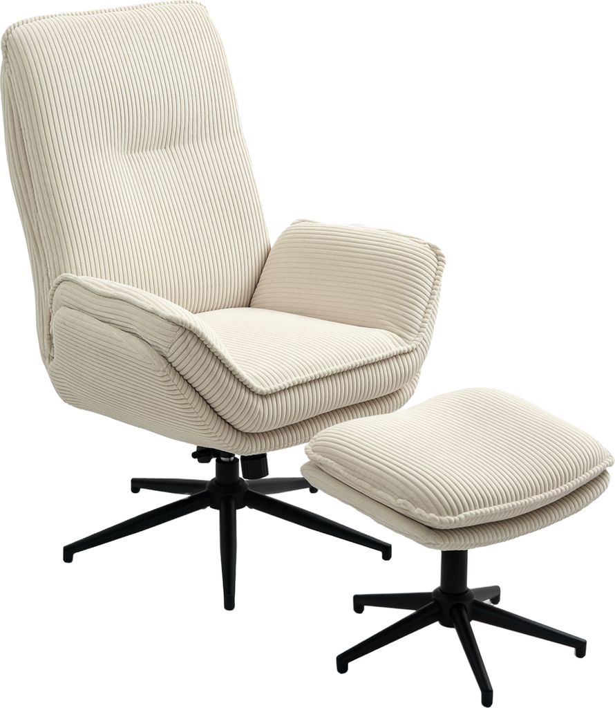 HOMCOM Relaxsessel mit Hocker 360°Drehbarer Fernsehsessel mit Liegefunktion TV-Sessel mit Cord-Optik, Ruhesessel für Wohnzimmer, Schlafzimmer, Beige
