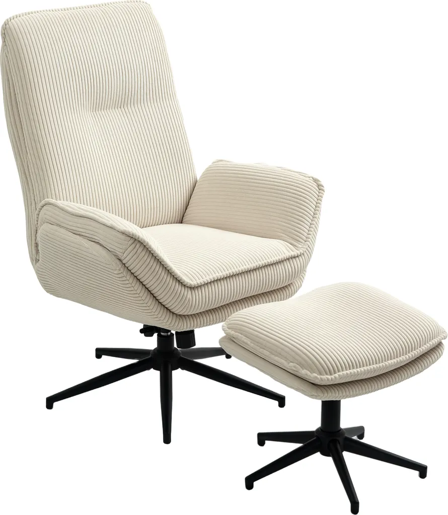 Fauteuil de relaxation pivotant et son repose-pieds en velours beige