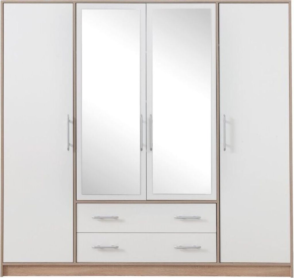 200 cm breiter Kleiderschrank mit 4 Türen, 8 Fächern und 2 Schubladen | Farbe: Weiß | Tiefe: 56 cm