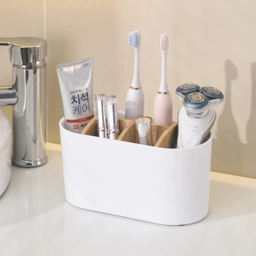 Organiseur de salle de bain multifonctionnel blanc et bois de bambou