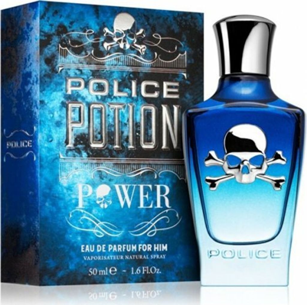 A bottle of Police Potion Power Eau de Parfum for Him and its packaging are displayed against a white background.