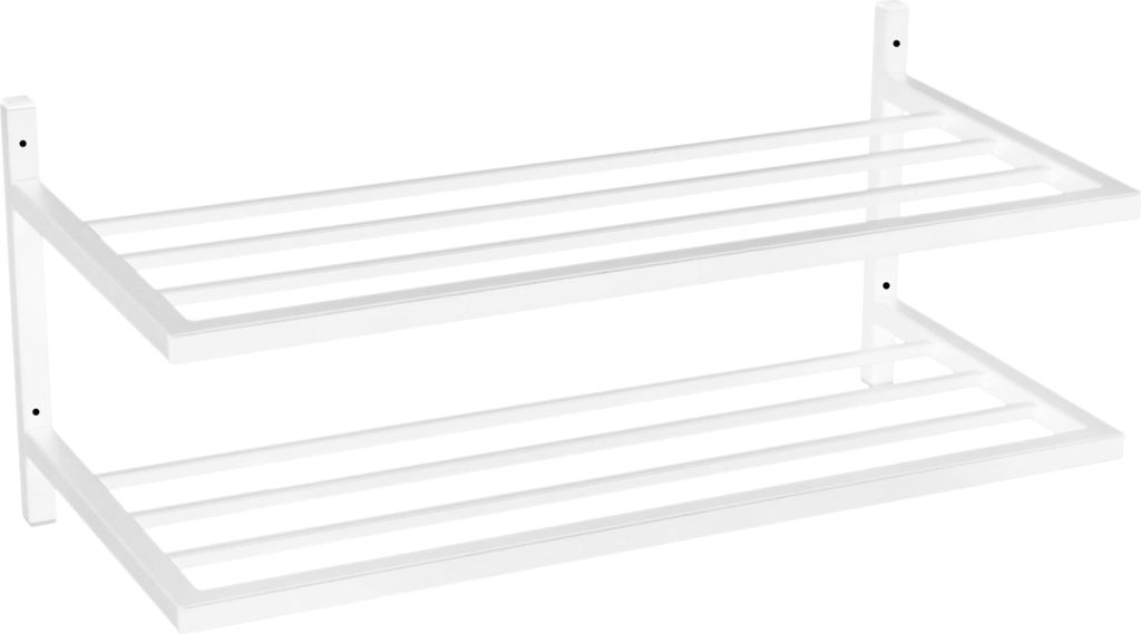 A white metal two-tier wall-mounted shelf.