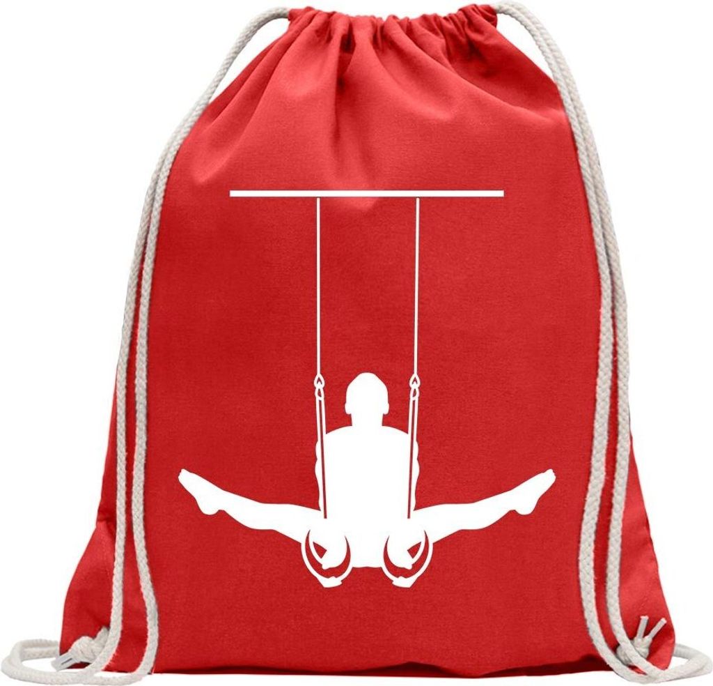 Kiwistar - Turnbeutel - rot - Turnen Ringe Sportler Figur - Fun Rucksack Sport Beutel Gymsack Baumwolle mit Ziehgurt