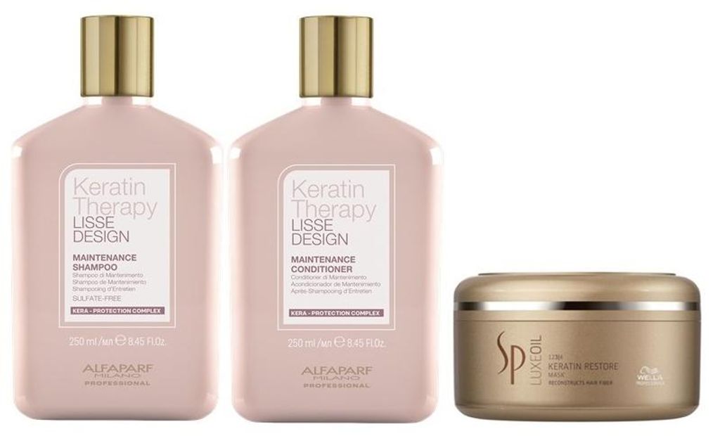 Alfaparf Keratin Therapy Lisse Design Maintenance Shampoo 250ml + Conditioner 250ml + Wella SP Luxe Oil Keratin Restore Mask 150ml