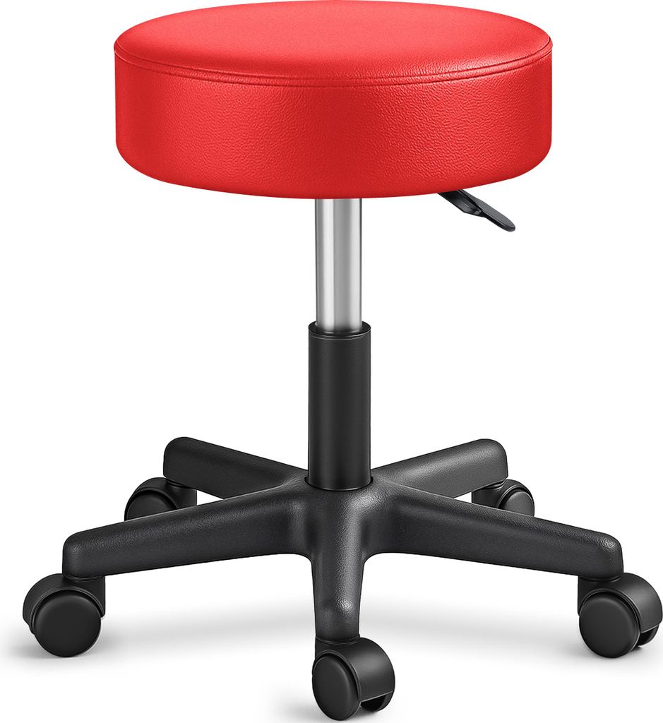 TRESKO Rollhocker höhenverstellbar Rot 150 kg | Hocker Drehhocker 10 cm Dicke Polsterung 47-60 cm | Arbeitshocker Bürohocker 360° drehbar mit Ro...