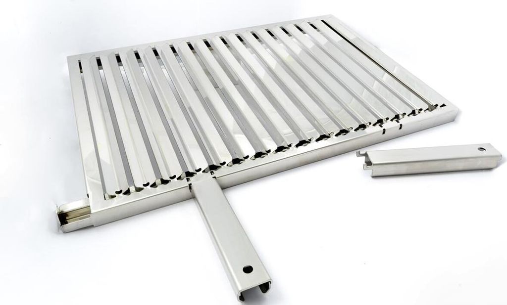 A stainless steel grill grate with a detachable handle and a separate handle piece, shown against a white background.