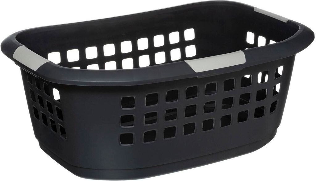 A gray laundry basket with silver accents on a white background.