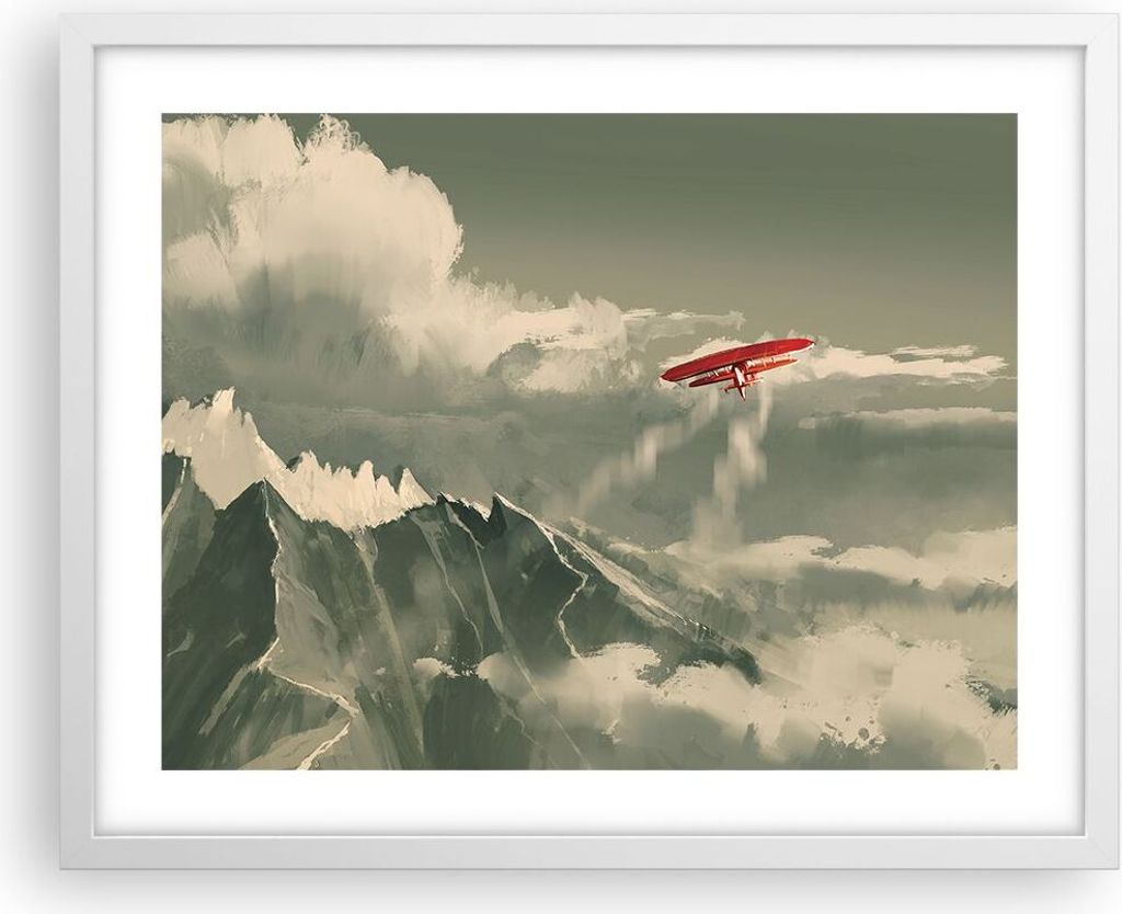Gerahmtes Poster - Weißer Rahmen - Rot Flugzeug Berge - 50x40 cm - Wand Bild - Wanddeko - Wandbilder - Kunstposter - Wandposter - Bilderrahmen - B...
