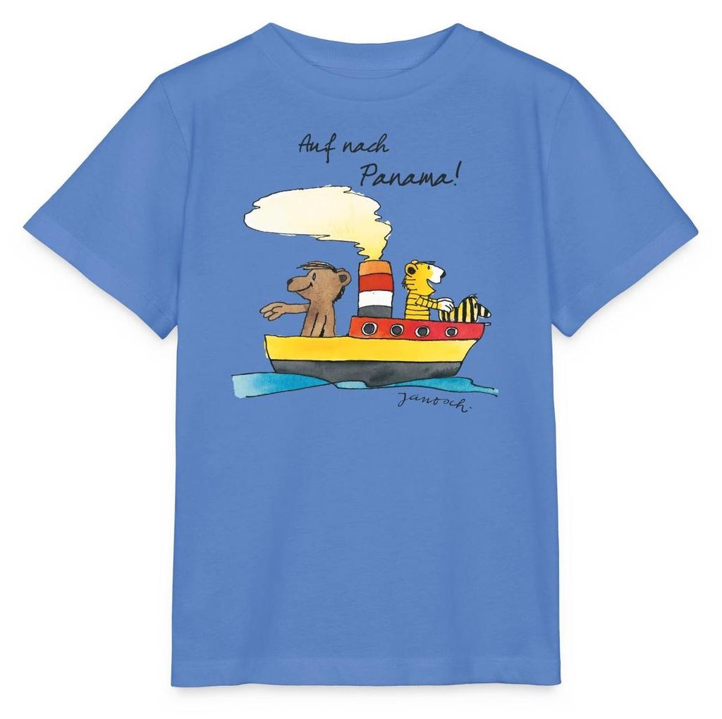 Spreadshirt Janosch Tiger Und Bär Auf Nach Panama Kinder Basic T-Shirt, 122/128 (7-8 Jahre), Blau