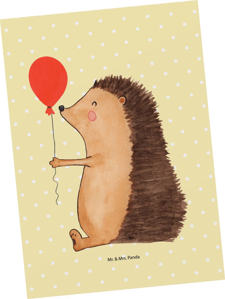 Mr. & Mrs. Panda Postkarte Igel Luftballon - Gelb Pastell - Geschenk, Happy Birthday, Fotokarte, Lustige Sprüche, Ballon, Ansichtskarten, Postkart...