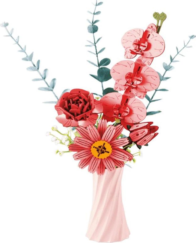 Habarri | Blumen Baustein Set - Blumenstrauß - Bunt Blumenkasten - für Kinder ab 10 Jahren - Rosa Blumenstrauß