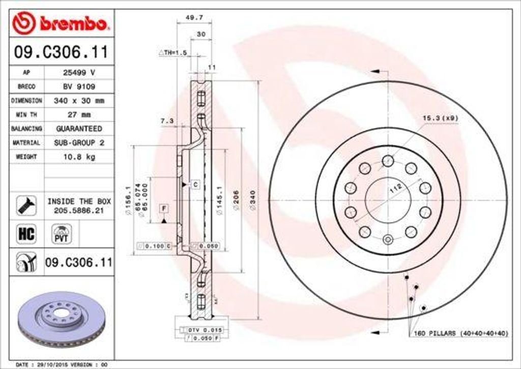 BREMBO 09.C306.11 Bremsscheibe OE 1K0615301AD kompatibel mit Passat 3B, Passat Alltrack, Golf VII, Golf Alltrack, CC, Arteon, Superb, Octavia, Kodi...