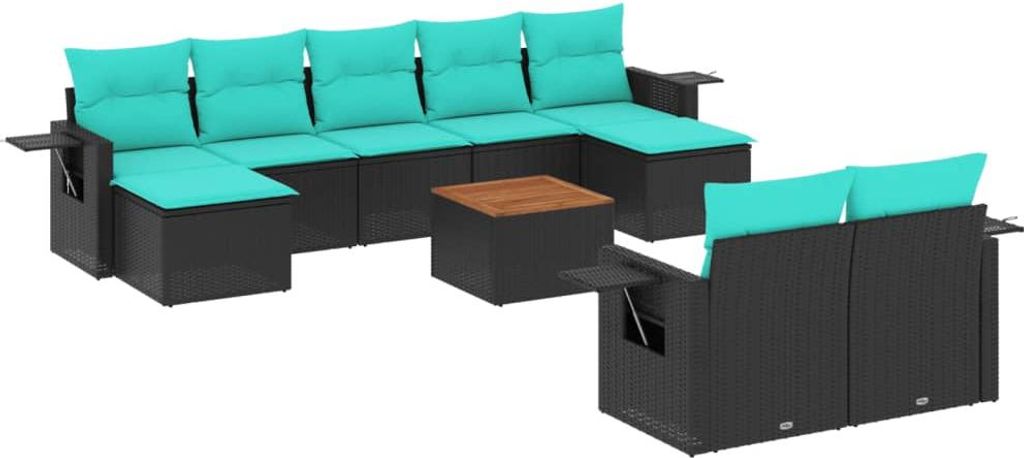 10-teiliges Gartensofa-Set mit Kissen, schwarzes Polyrattan