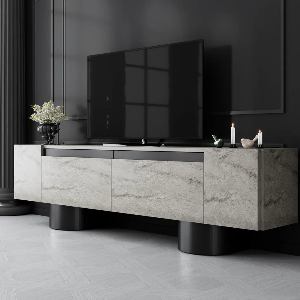 Meuble TV Design 180 cm pour Grand Écran, Look Travertin et Noir Chic