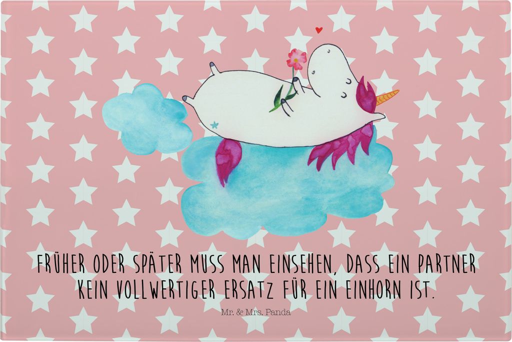 Mr. & Mrs. Panda Glas Schneideplatte Einhorn Verliebt - Rot Pastell - Geschenk, Einhörner, schneidbrett, Freundin, Wolke, Liebe, Glasschneidebrett...