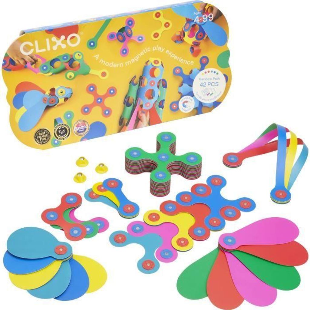 CLIXO Magnetisches Konstruktionsspielzeug Rainbow Pack, 42 Teile, Flexibel, Langlebig, Ab 4 Jahren, Inklusive Ideen-Guide