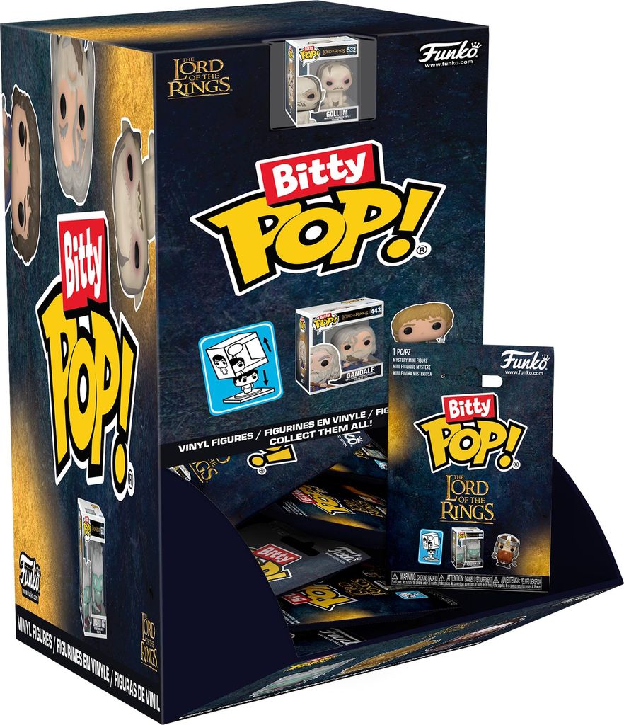 A display box for Funko Bitty Pop! Lord of the Rings vinyl figures, showing various figures and packaging.