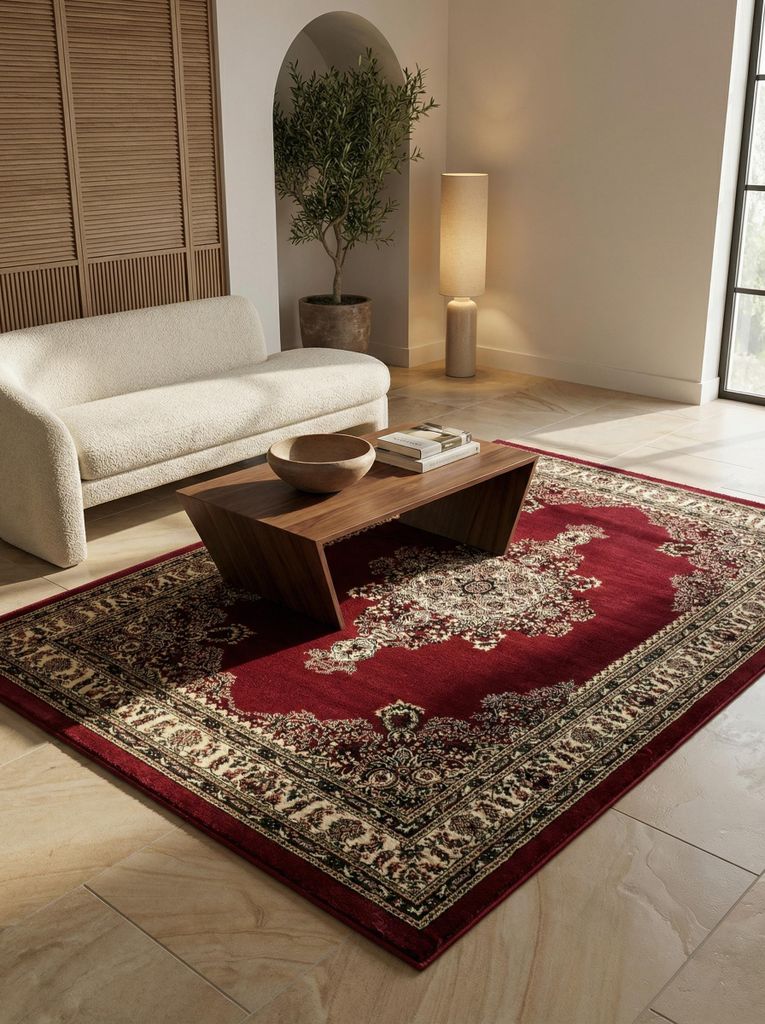 Moderner Teppich Orientalisch Zeitlos Waschbar Strapazierfähig | Rot 300x400 cm Flur Saugroboter geeignet Gekettelt | TANNHEIM – Kadima Design