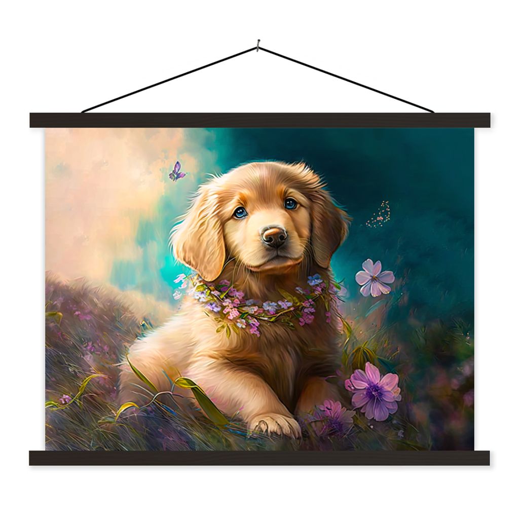 MuchoWow Textilposter Welpe - Blumenkranz - Schmetterling - Hund - Golden Retriever 150x113 cm mit schwarzem Rahmen - Wohnzimmer