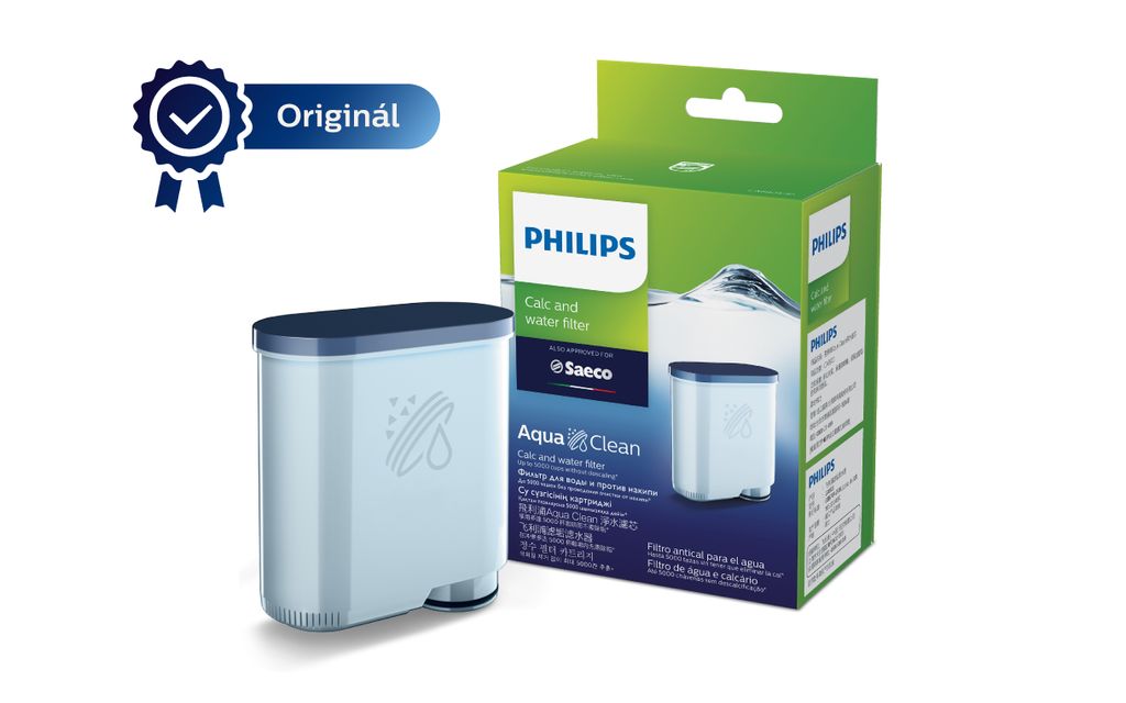 A Philips Saeco Aqua Clean water filter is shown next to its packaging on a white background.