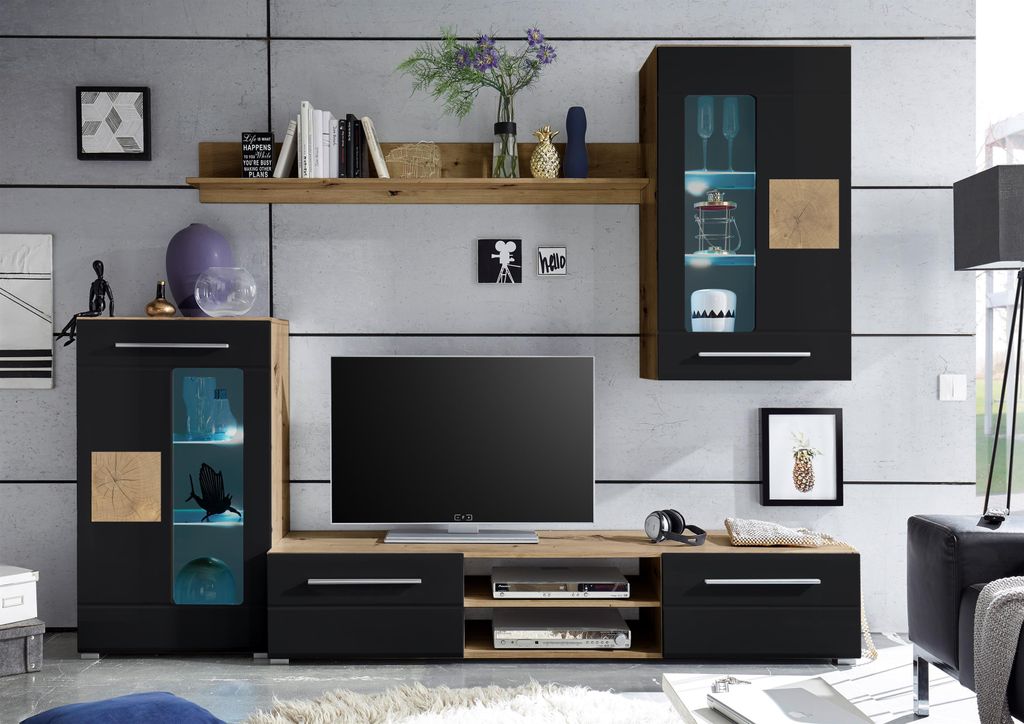 Wohnwand Schrankwand Anbauwand TV-Wand Mediawand Wohnzimmerwand "Goran I" Artisan Eiche / Schwarz Matt