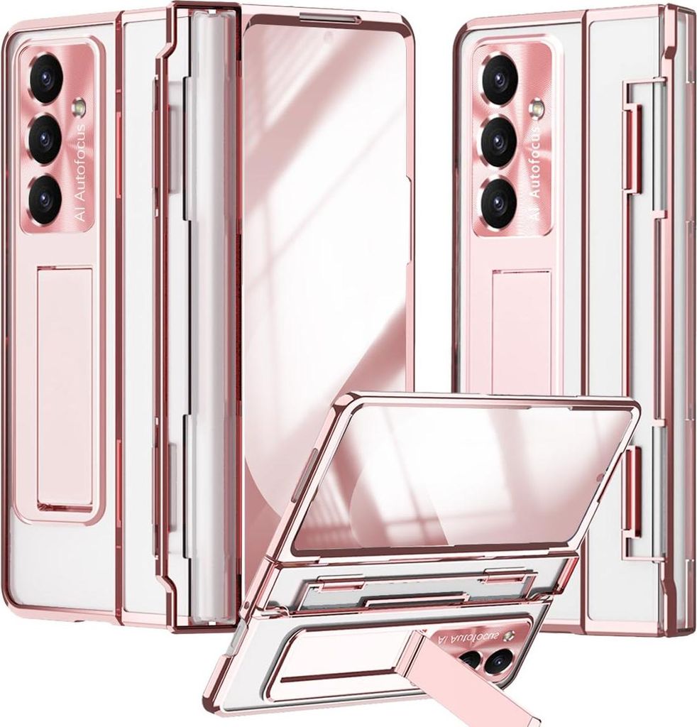 Hülle für Samsung Galaxy Z Fold 7 mit Displayschutz & Objektivschutz Transparent Galvanisierte Ständer Schutzhülle Roségold