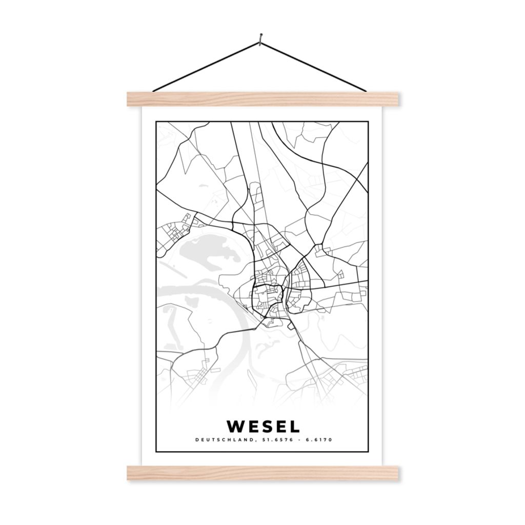 MuchoWow Textilposter Stadtplan von Wesel - Karte - Stadtplan 40x60 cm mit holzfarbenen Rahmen - Poster