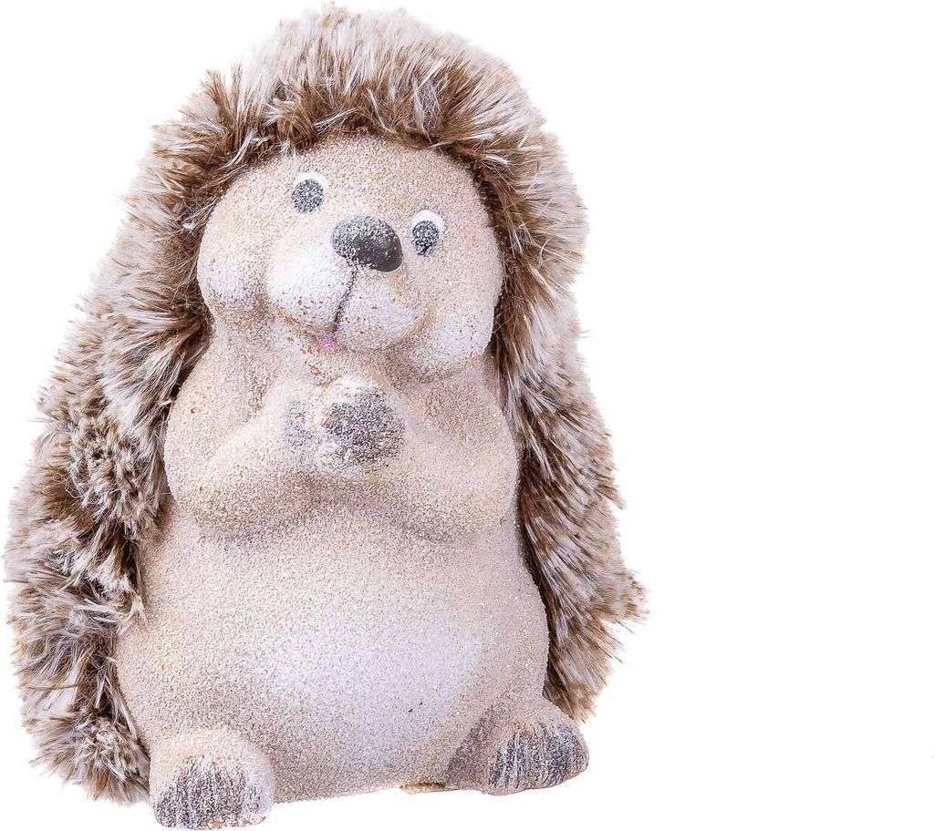 A ceramic hedgehog figurine with faux fur.
