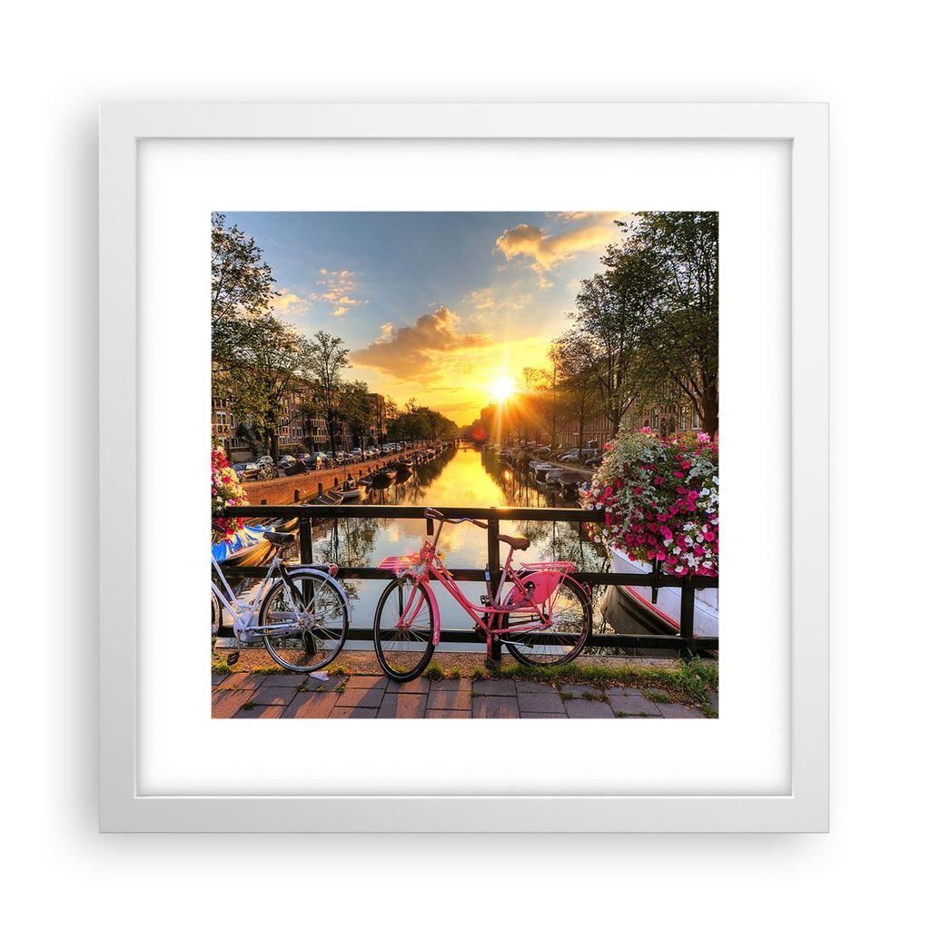 Gerahmtes Poster - Weißer Rahmen - Bikes Kanal Amsterdam Architektur - 30x30 cm - Wand Bild - Wanddeko - Wandbilder - Wandposter - Bilderrahmen - ...