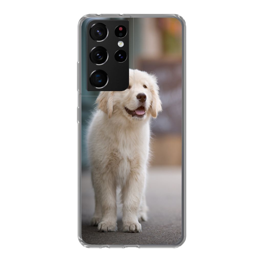 MuchoWow Handyhülle Schutzhülle Hülle für Samsung Galaxy S21 Ultra Ein Golden Retriever Welpe läuft auf dem Bürgersteig Silikon Softcase Ha...