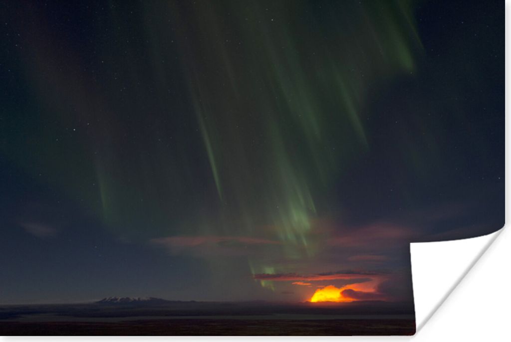 MuchoWow Poster Nordlichter - Sternenhimmel - Vulkan 180x120 cm - Fotoplakat