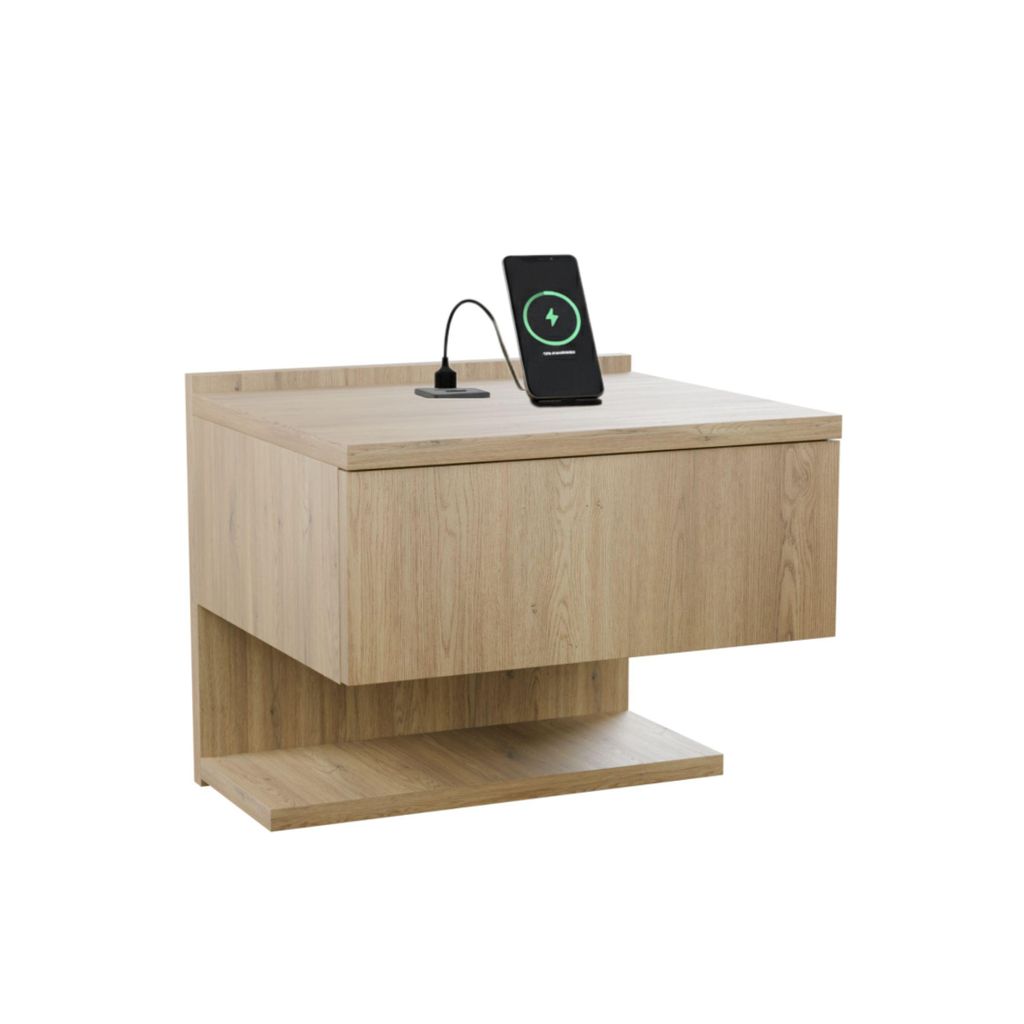 Hänge-Nachttisch Eiche Torro USB & USB-C Wand-Nachtschrank Schublade 35x32x30 cm