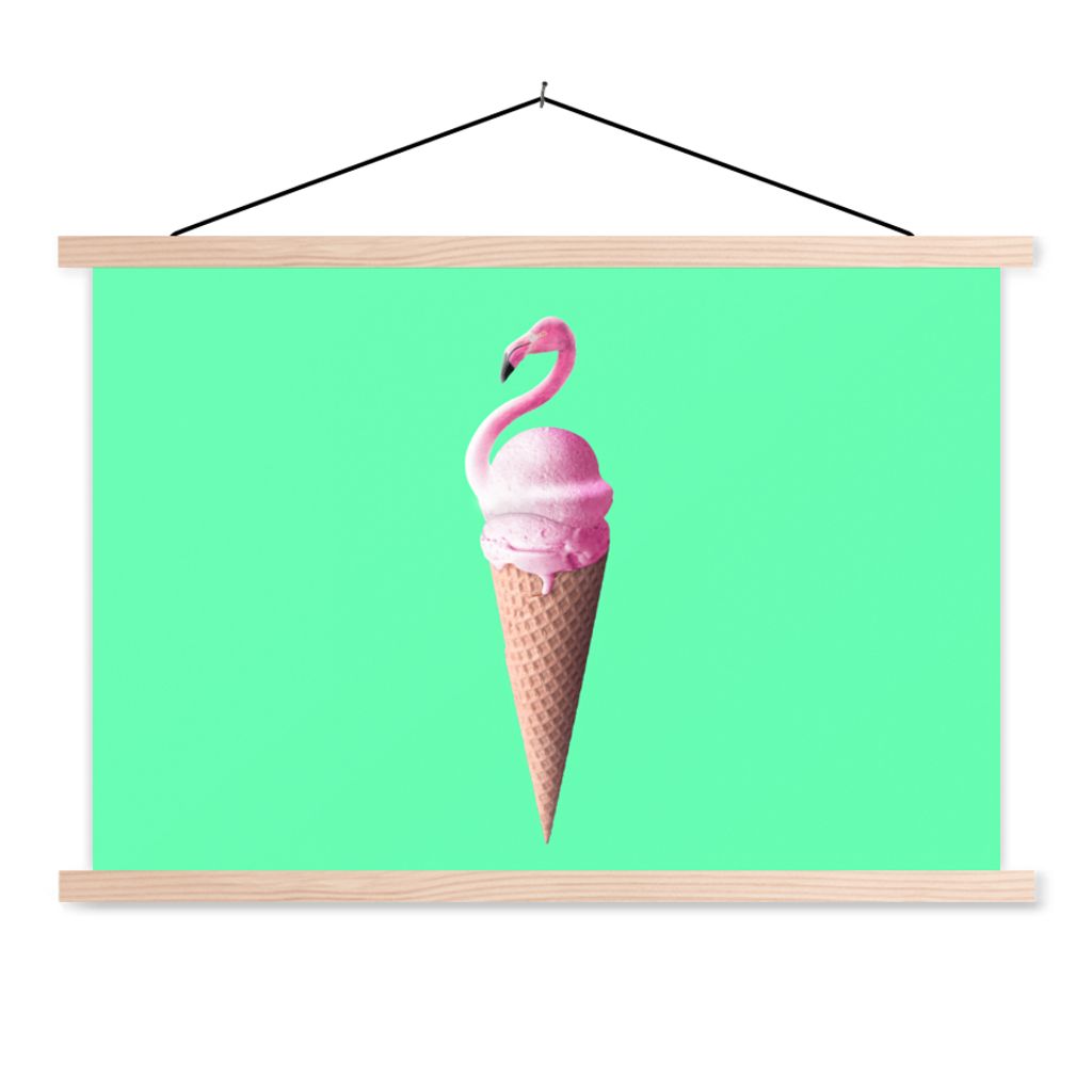 MuchoWow Textilposter Eistüten - Eiscreme - Flamingo - Rosa - Grün 60x40 cm mit holzfarbenen Rahmen - Bilder