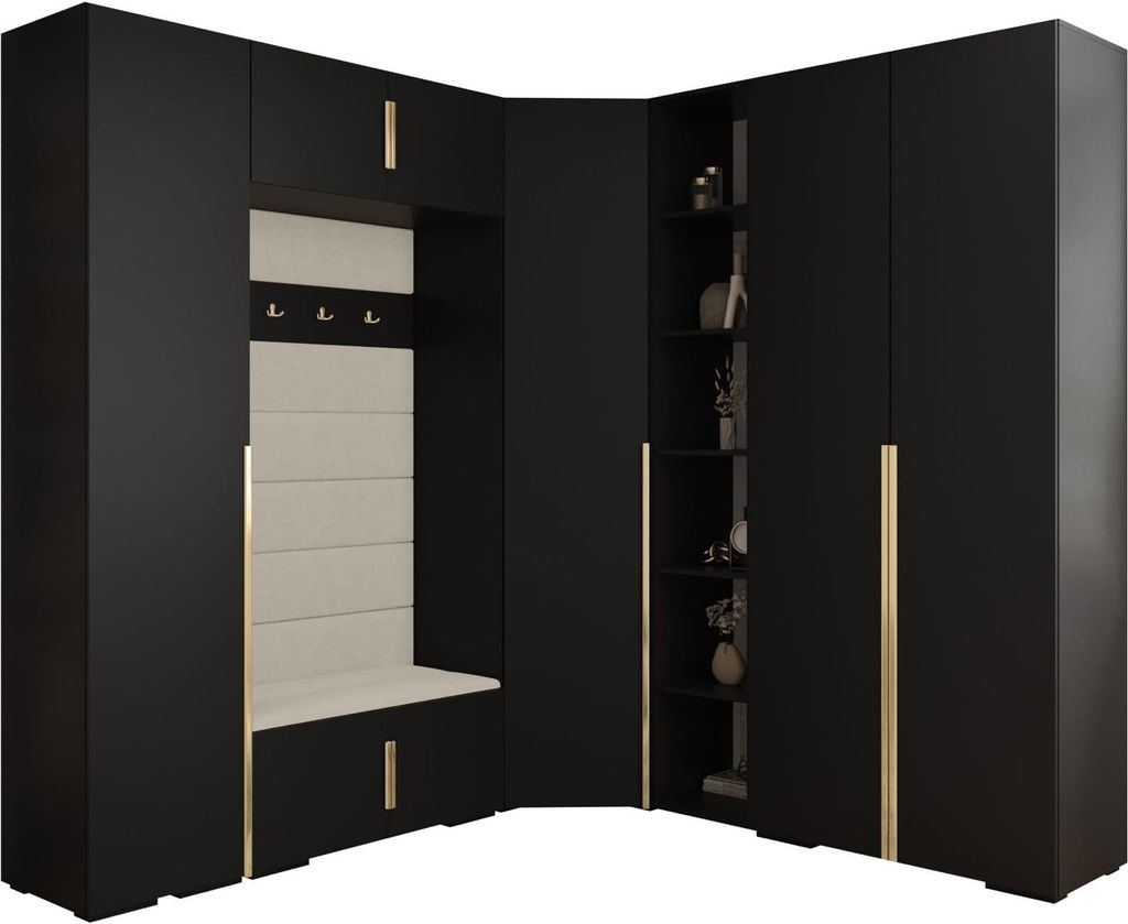 MEBLE KRYSPOL Inova 1 Möbelset Garderobe, 236,7x371,7x47cm - Schwarz, Manila 02, Gold
