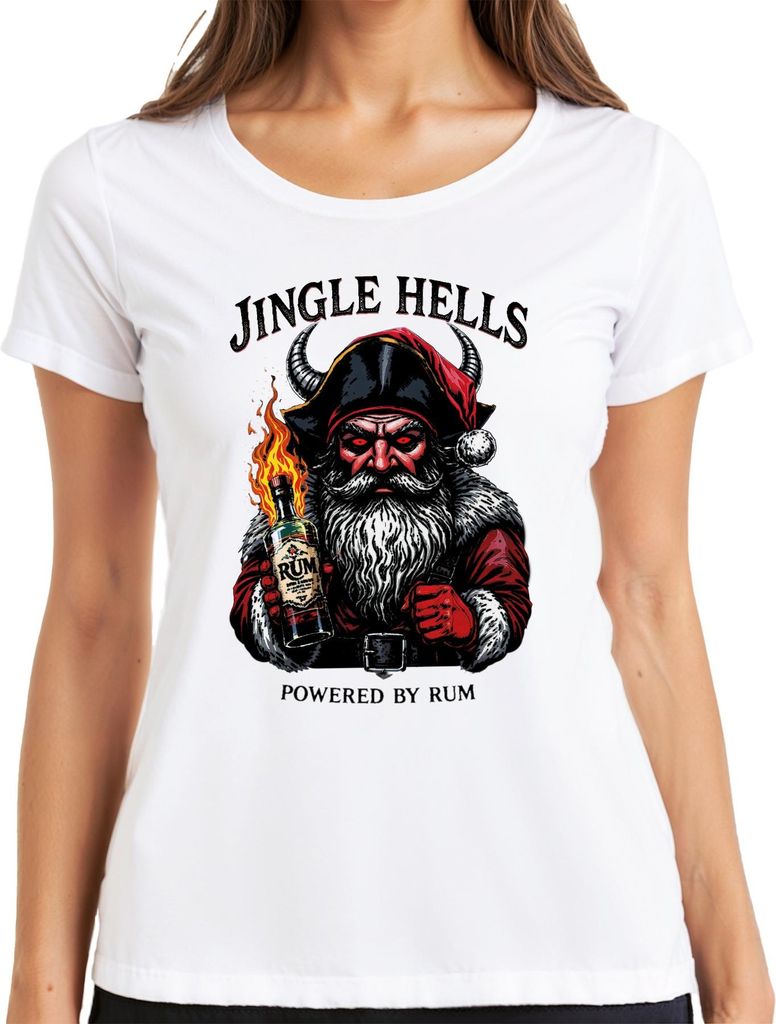 Jingle Hells Powered by Rum Santa horned flaming bottle Christmas Damen T-Shirt, Weiß, XL
