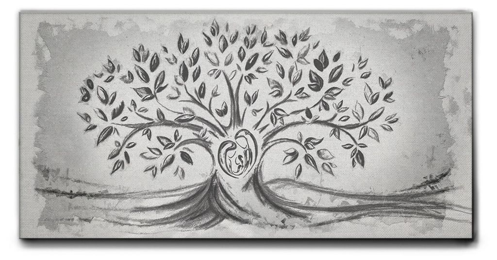 Giallobus - 3 - Heilige Familie und Baum des Lebens - Schwarz & Grau - Giallobus - 35L x 17,5B cm - Bild - Premium Loom Canvas mit hoher Dicke
