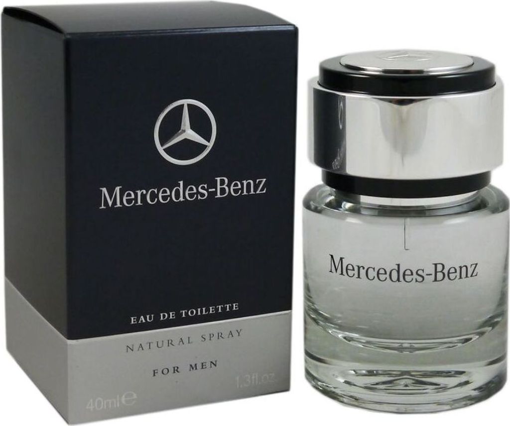 A product shot of Mercedes Benz For Men Eau de Toilette spray bottle and its packaging.