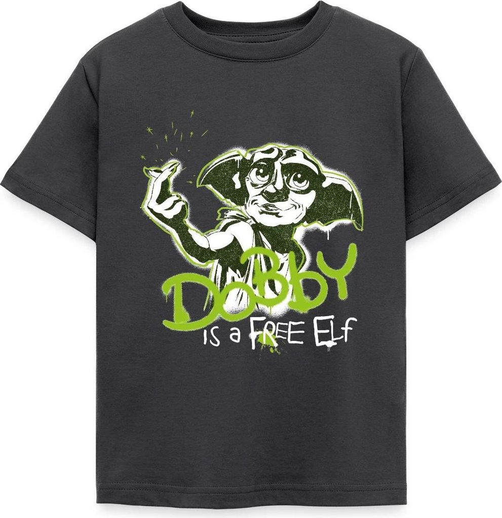 Spreadshirt Harry Potter Spruch Dobby Ist Ein Freier Elf Kinder T-Shirt, 98/104 (3-4 Jahre), Dunkelgrau