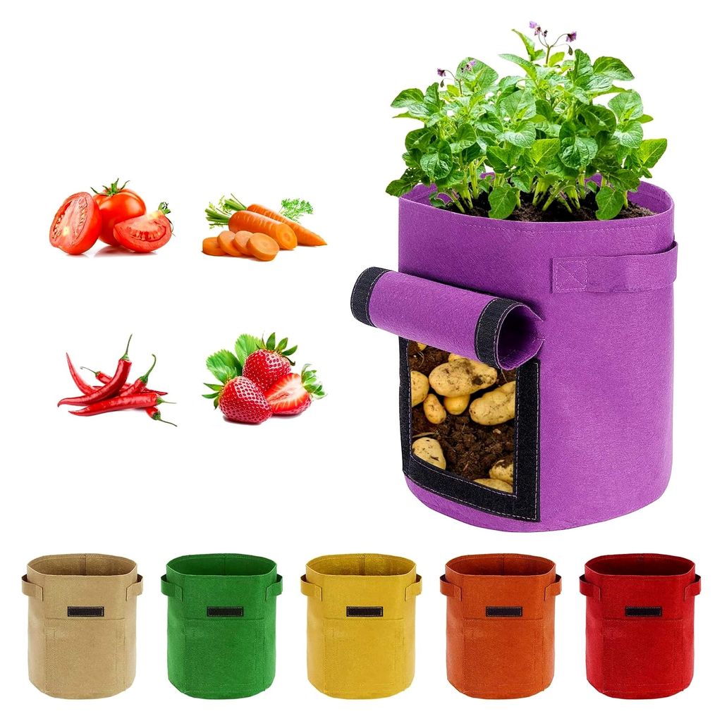 Kartoffel Pflanzsack 6 Stück 10 Gallonen, 38 L Pflanztaschen mit Sichtfenster und Griffen, Mehrfarbig für Gemüse, Kartoffeln, Tomaten