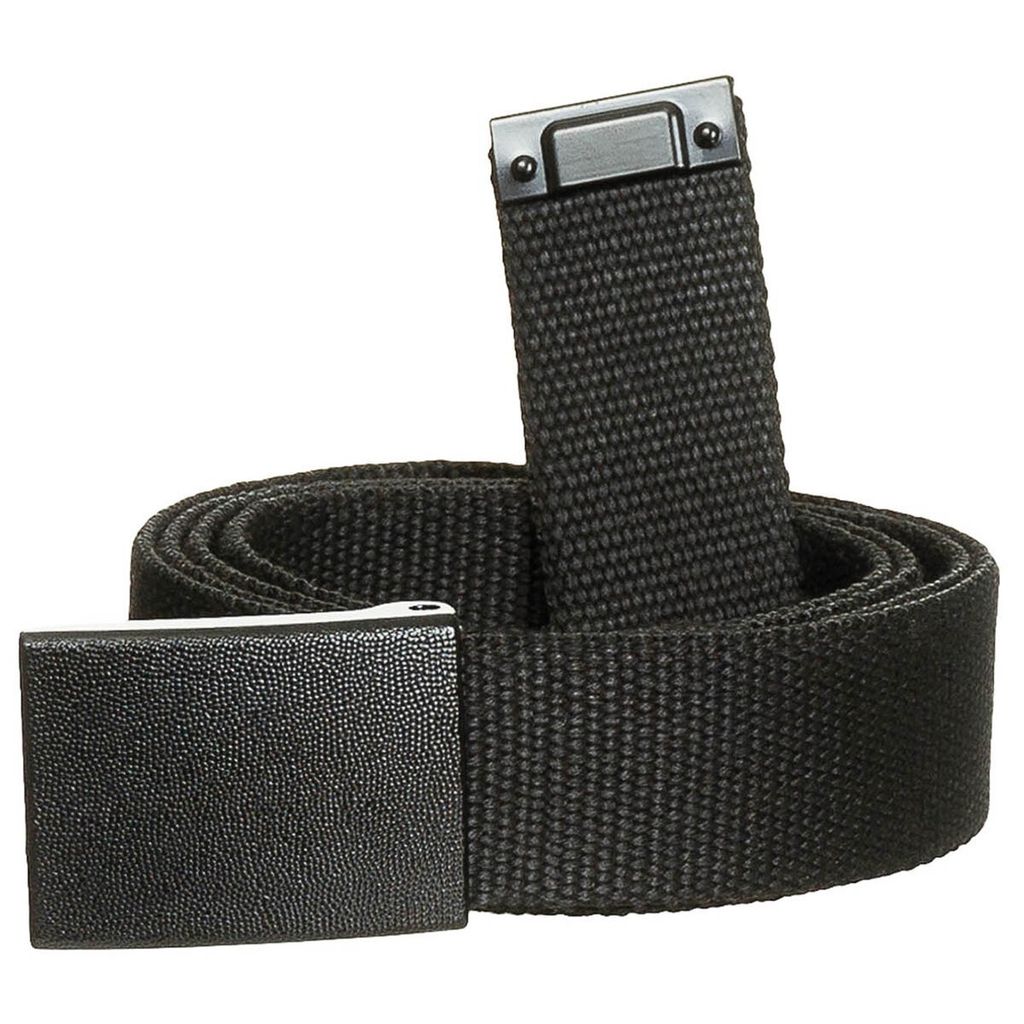 A black fabric belt with a metal buckle, laid out against a white background.