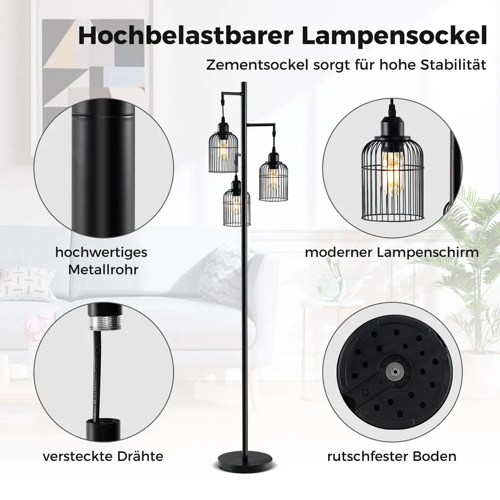 COSTWAY Lampada da Terra 169cm Moderna 3 Luci Nera | Design Industriale - 7