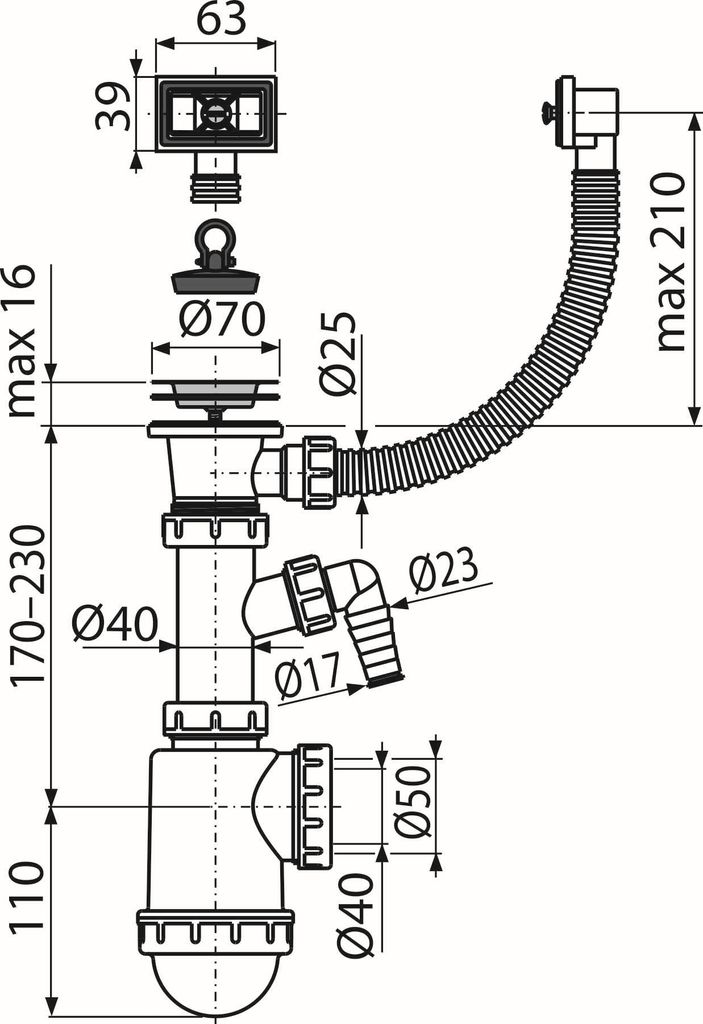 Spültisch Siphon mit Überlauf Spülmaschine Edelstahl Gitter Produktbild 2