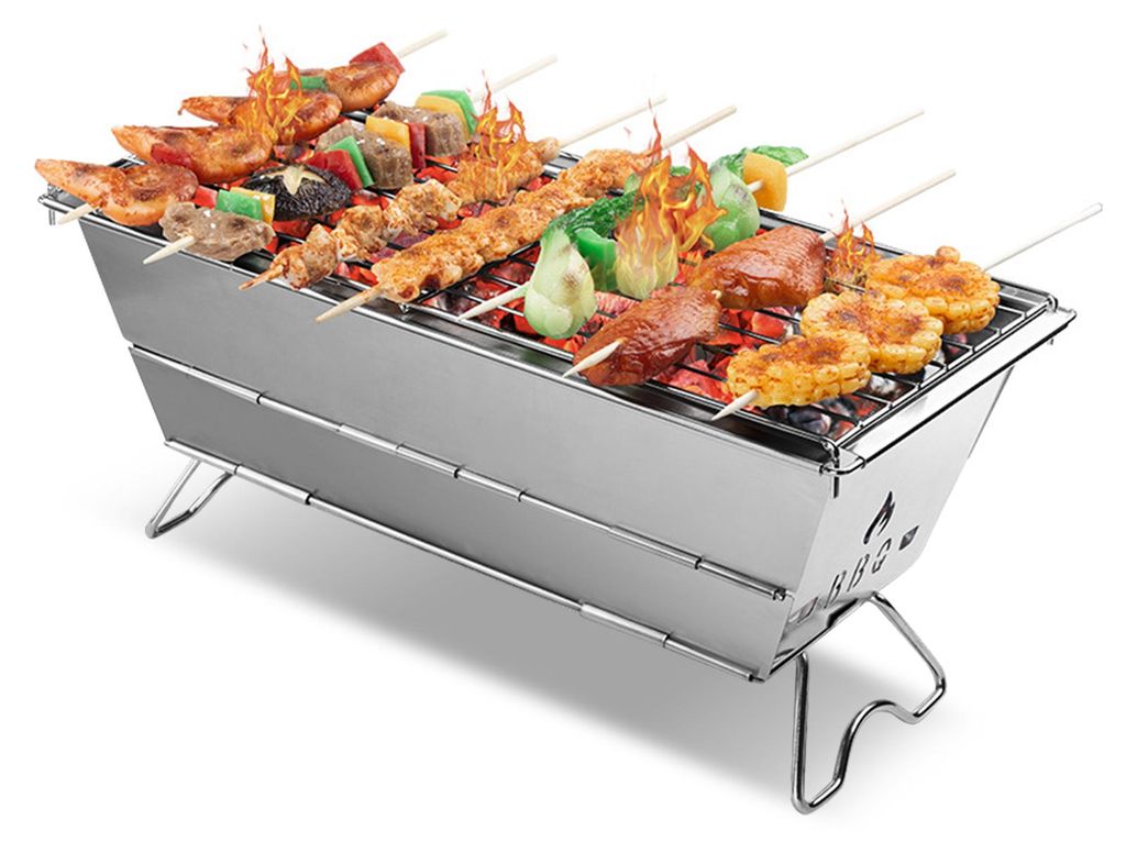 Tragbarer Camping-BBQ-Grill, zum Ausklappen und Verwenden, kein Werkzeug erforderlich, zusammenklappbarer Holzkohle-Rucksackofen aus Edelstahl mit ...